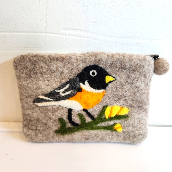 Handcrafted Bird Design Wool Pouch - Tan and Orange - Picture 1 of 3
